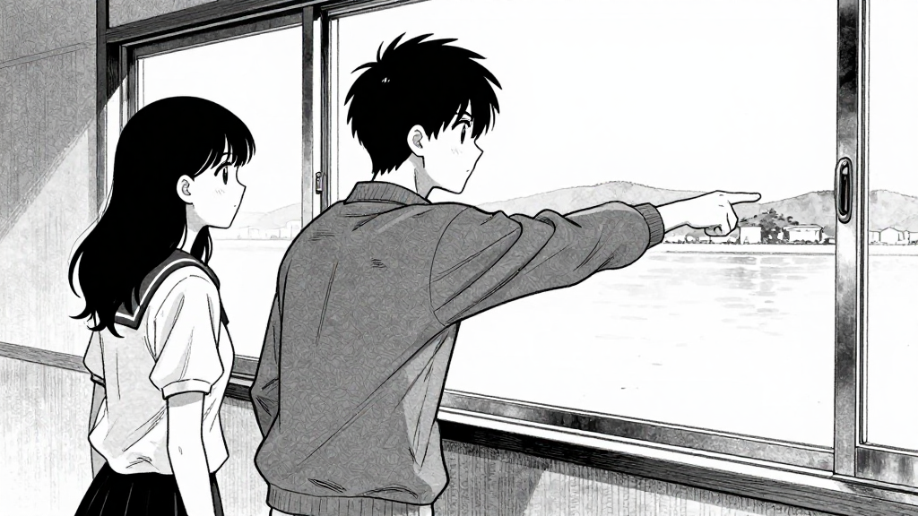 Kenji stands, urging Yuki to the window, pointing toward Edo Bay.