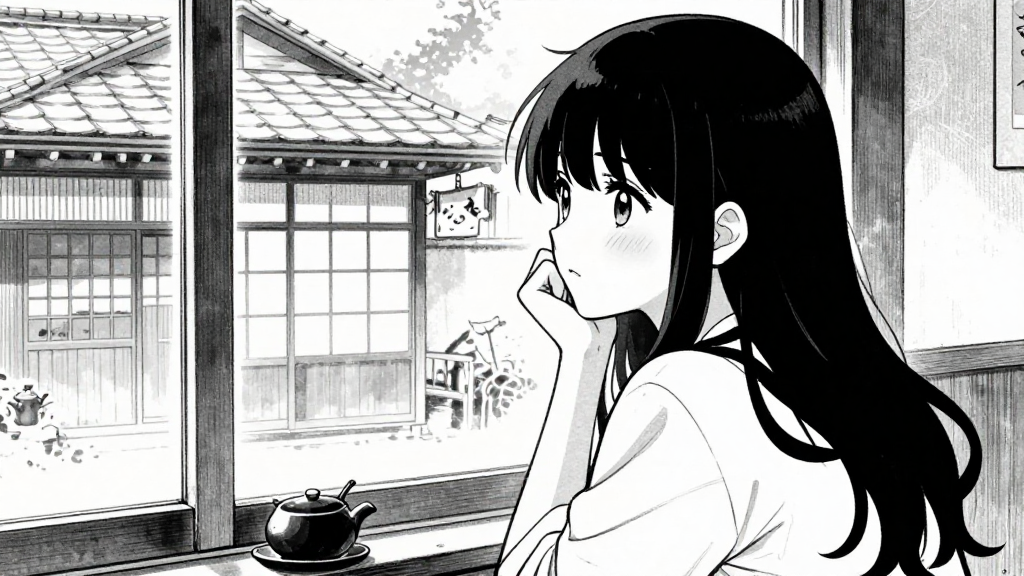 Yuki hesitates at the window, looking back at the tea house.
