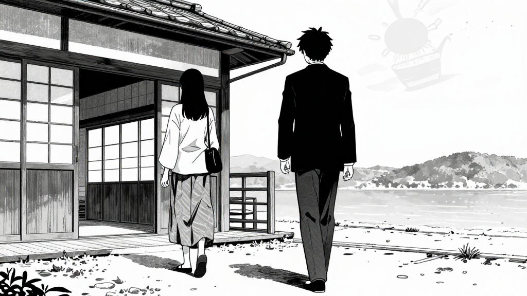 Kenji leads Yuki out of the tea house toward the shore.