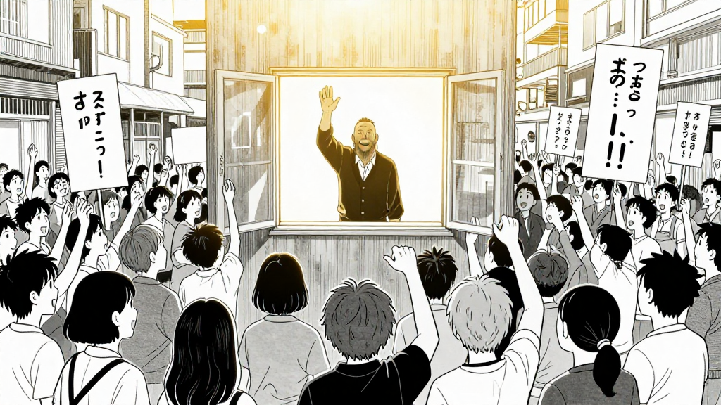 The square filled with people, signs, and voices. Ólafur stands at the window, hand raised. The crowd cheers.