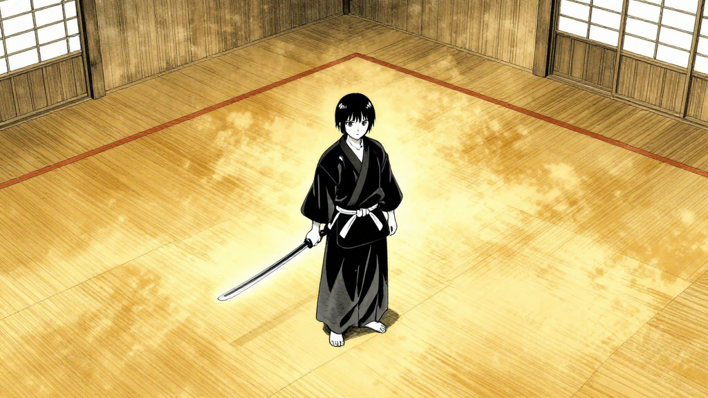 Kaori stands at the center of the dojo, the rejected swords glowing faintly.