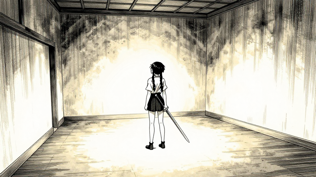 The sword speaks—its voice echoes from the walls as Kaori stands alone.