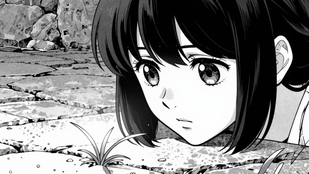 Kaori’s eyes focus on a single blade of grass growing through the stone floor.