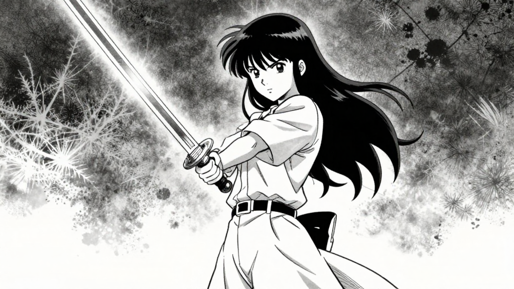 Kaori stands tall, gripping the sword, her expression resolute.