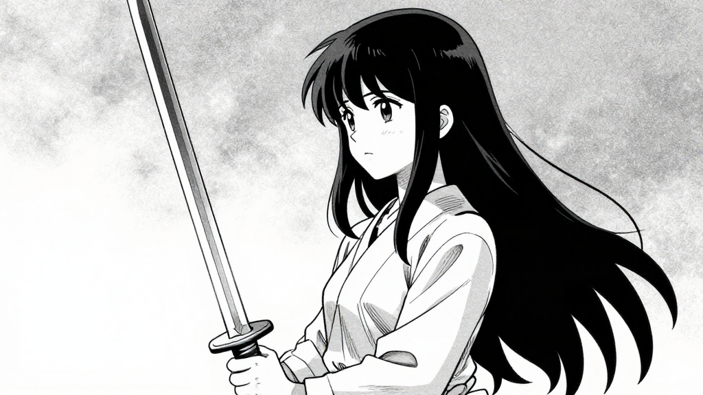 Kaori stands in silence, the sword in her grip, a moment of resolve.