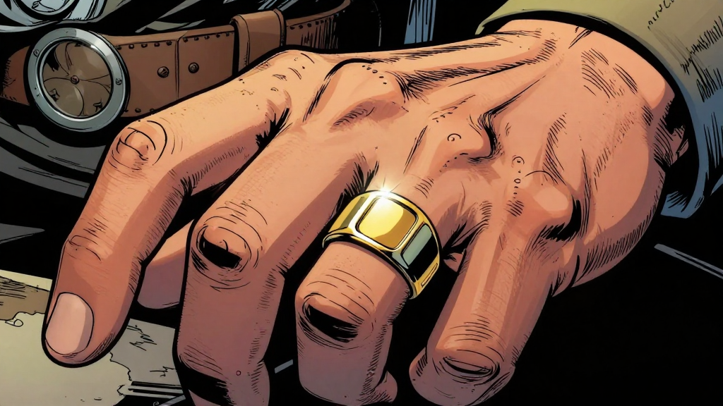 Marcus's hand frozen mid-motion, gold signet ring catching light. His fingers hover above the ring, no longer polishing—suspended in recognition.