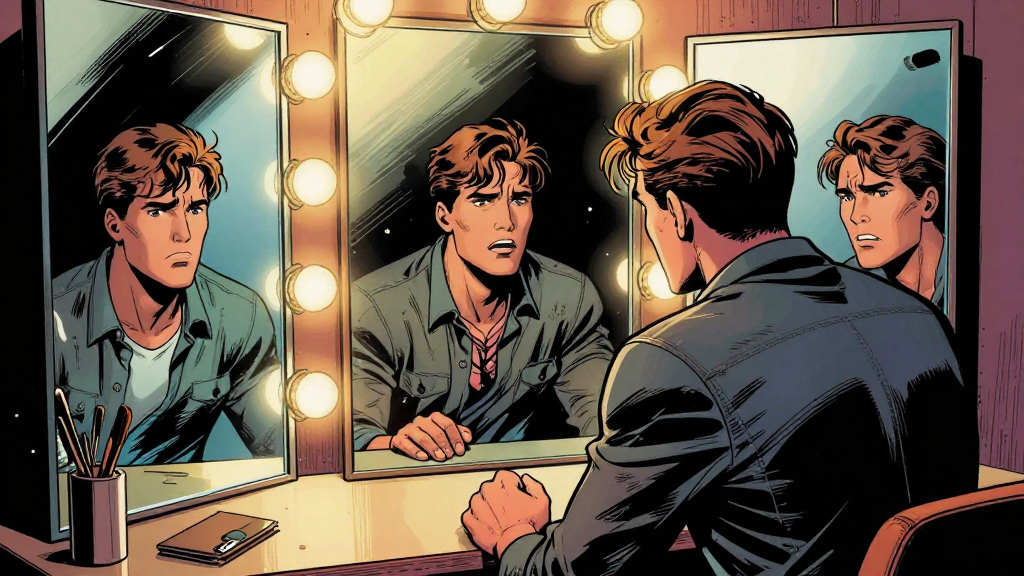 Marcus turns away from Eleanor, his hand now gripping the edge of his makeup table. His reflection fragments across three angled mirrors, showing different expressions of guilt and recognition.