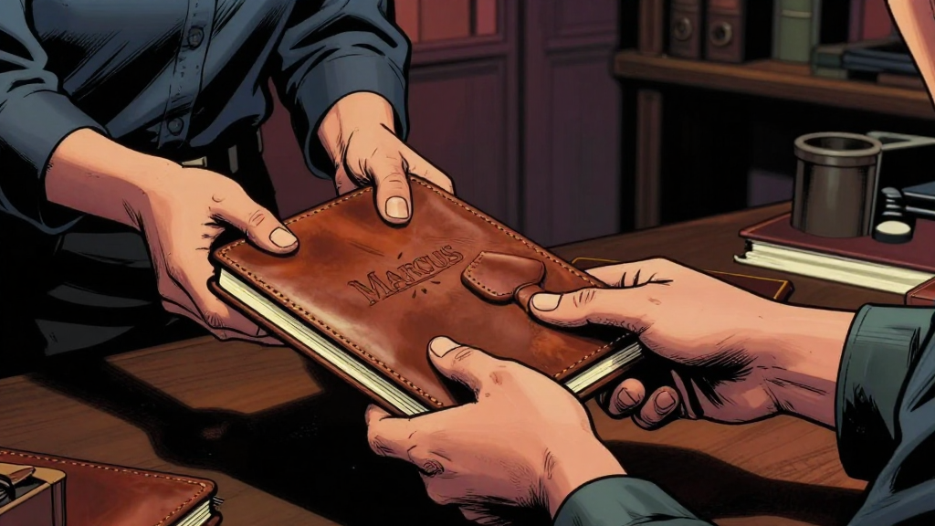 Flashback panel—a younger Marcus's hands passing leather-bound notebooks to Sterling's assistant in shadowy office lighting. The notebooks are embossed with Marcus's initials.