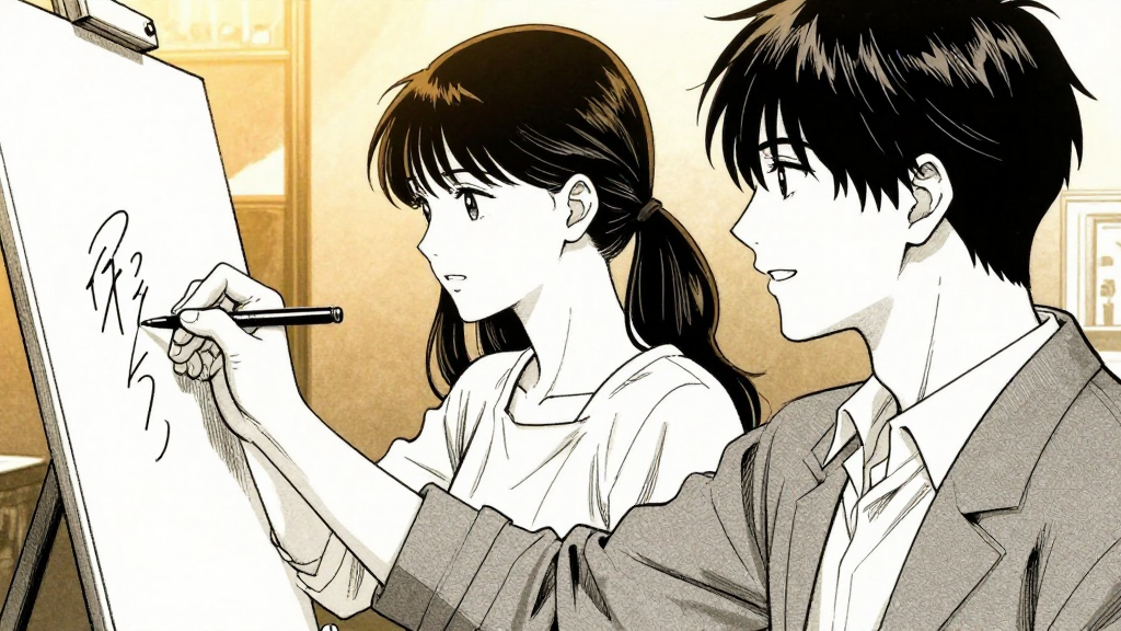 Marie and Foujita stand together, her hand signing her name on the painting.