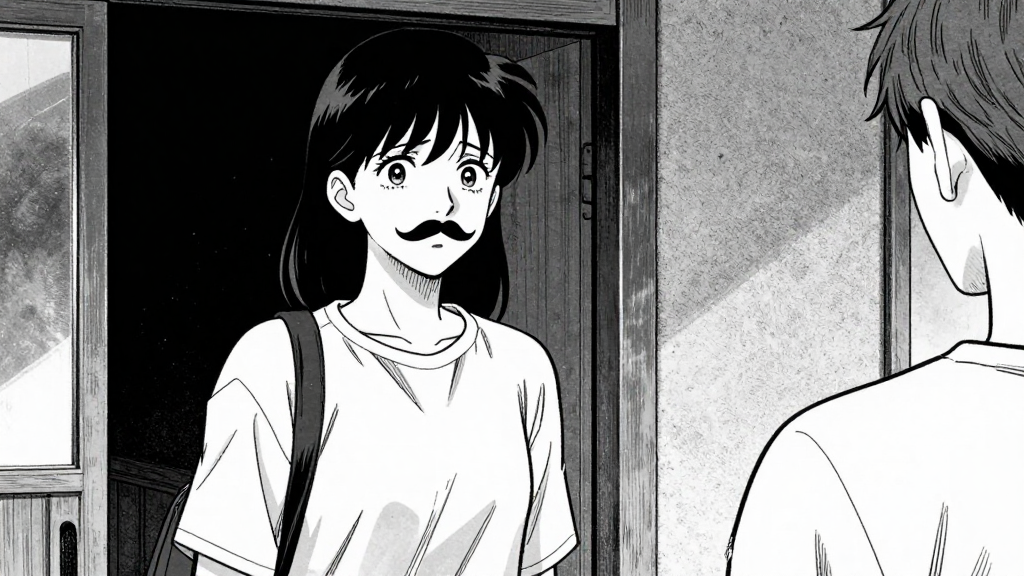 Marie turns to Moustache, her expression conflicted, as she begins to leave.