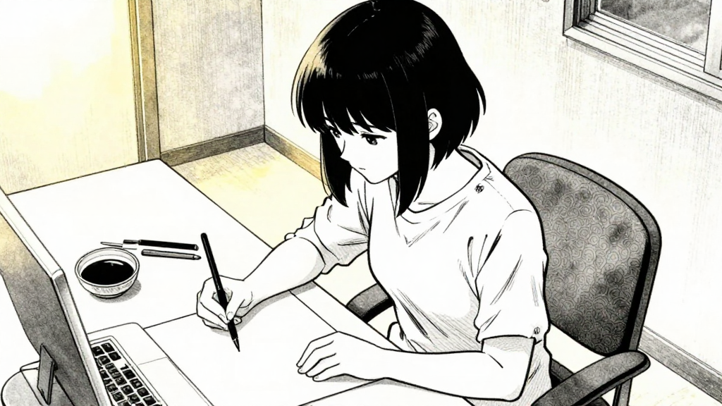 Marie sits at her desk, painting from memory, the room silent and focused.