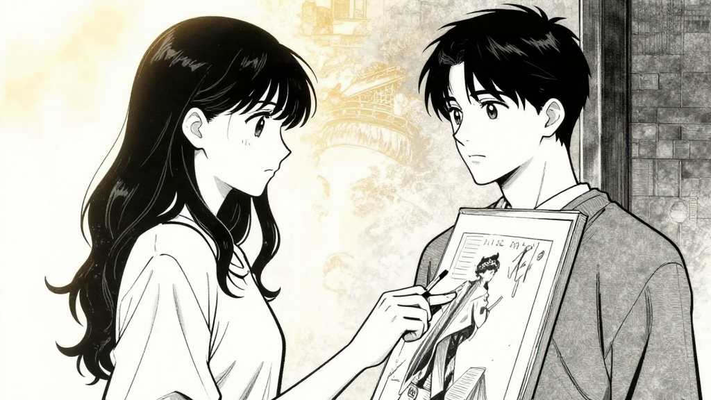 Foujita stands behind Marie, studying her new painting with quiet admiration.