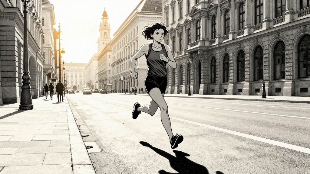 Elisabeth runs through the streets of Vienna, her shadow long, the city’s spires looming.