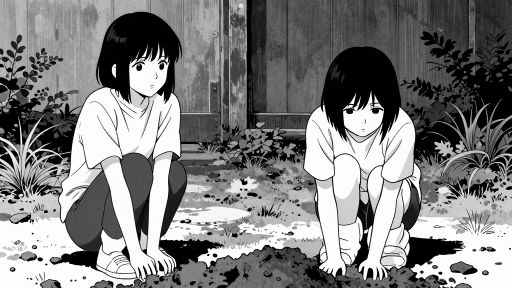 Sophie and Elena at the site. Sophie looks away. Elena continues digging.