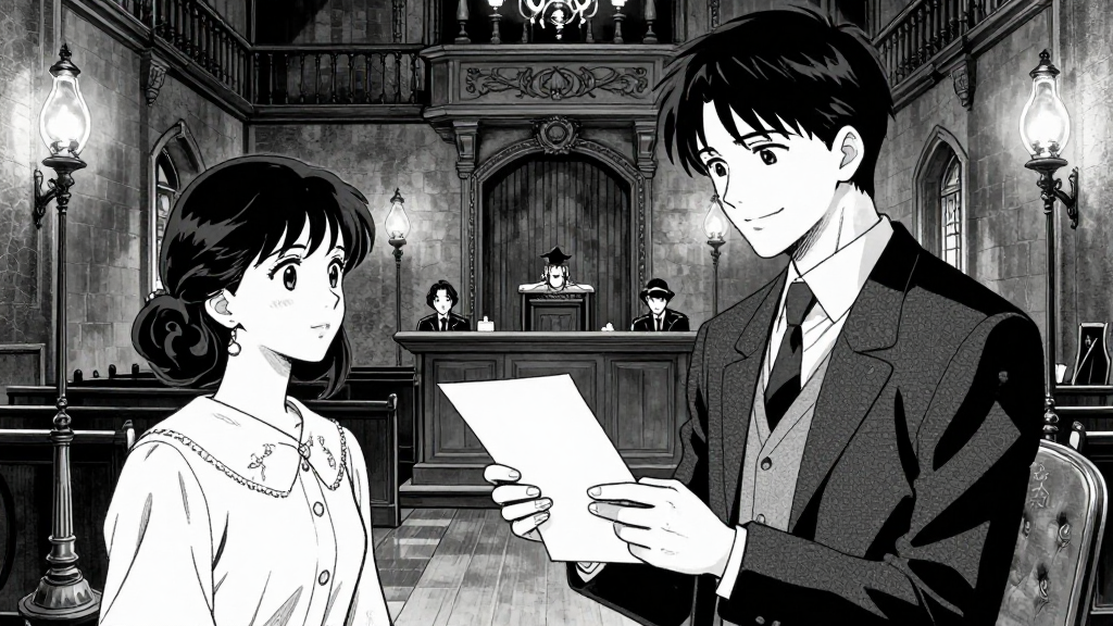 Thomas receives a royal letter, Eleanor watches with quiet pride, the inquiry hall behind them.