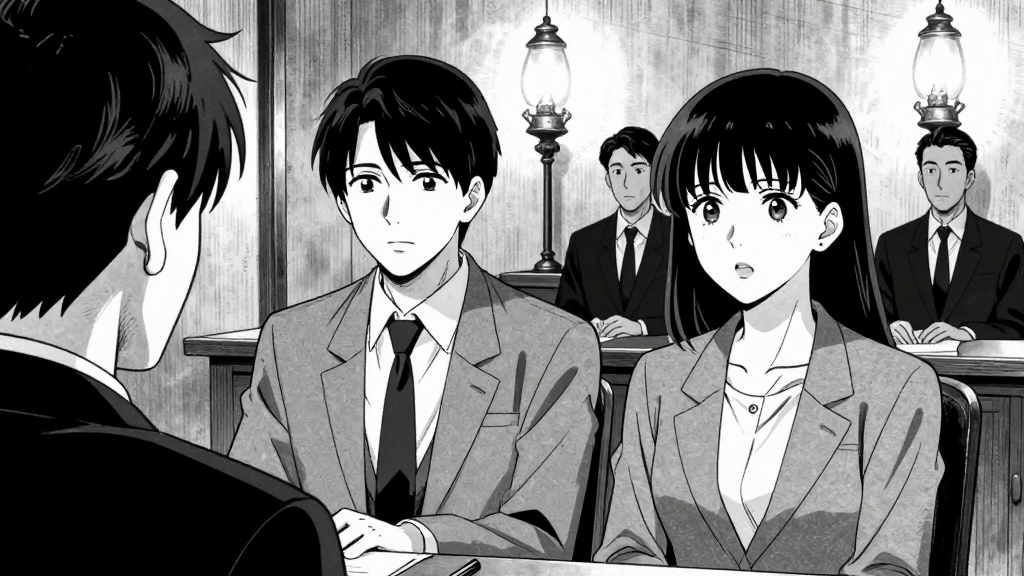 Thomas speaks with conviction, Eleanor listens intently, the magistrates in the background.