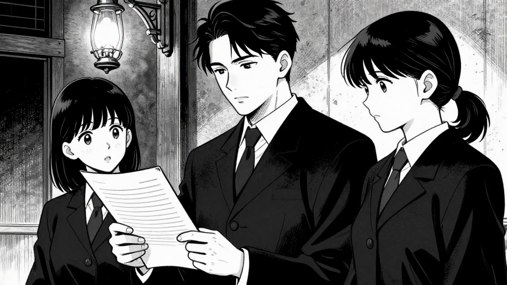 Magistrates read the reports, Thomas stands nearby, Eleanor watches intently.