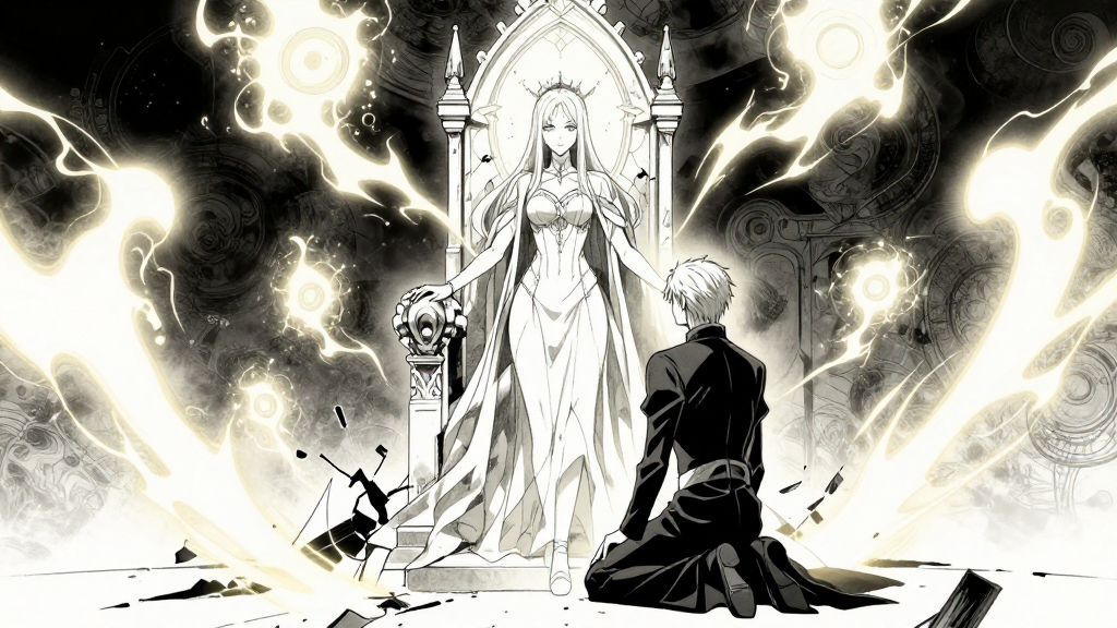 Nobles rise from the Abyss, glowing with renewed life. Casimir kneels, Mira stands tall, the throne cracking.