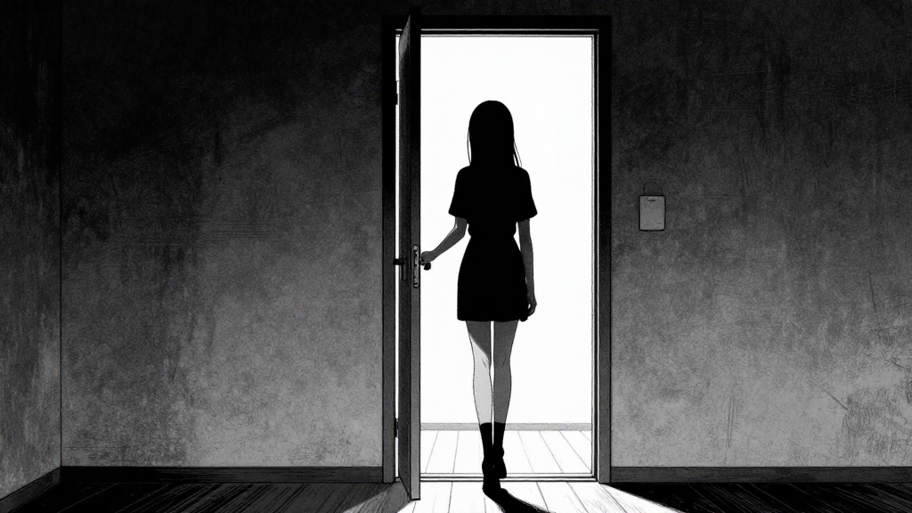 Yuki moves toward the door, her silhouette framed by the dim light of the room.