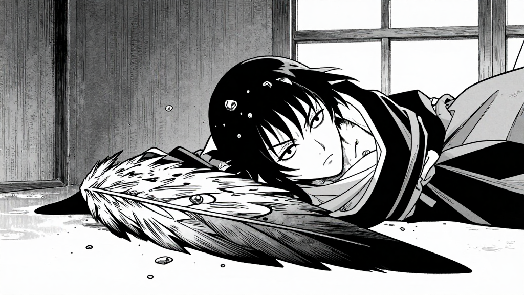 The tengu lies motionless, its wing bent, eyes glassy, with iron filings in its feathers.