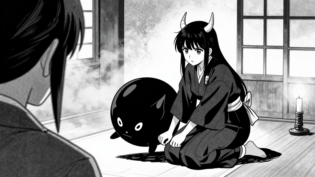 Yuki kneels beside the tengu, her POV as she drags it toward the room.