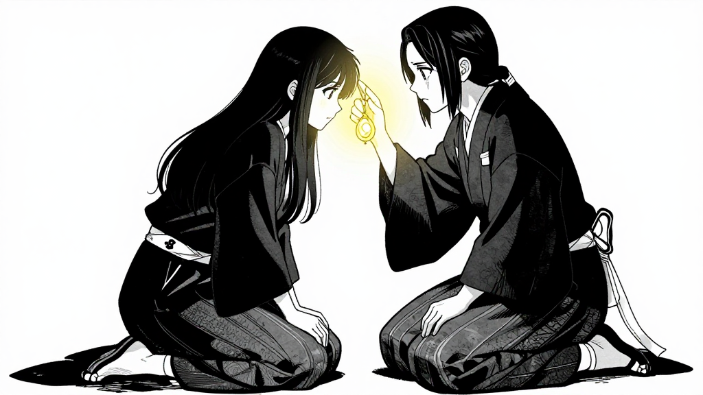 Yuki kneels beside the tengu, the pendant glowing as she touches its forehead.