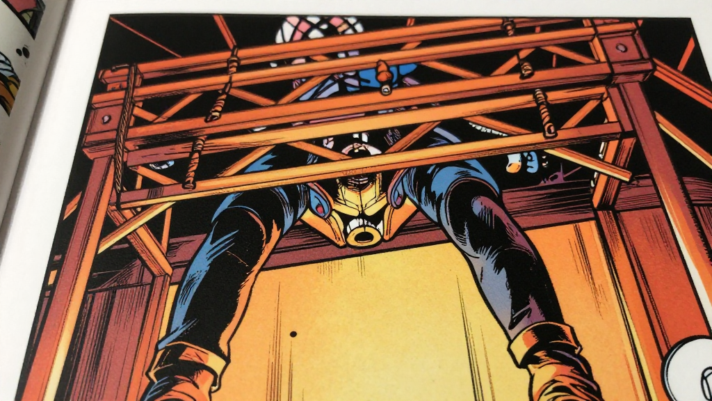 Extreme close-up of a photograph: a performer's body beneath a stage trap door, rigging visible in precise geometric patterns—unmistakably Marcus's signature setup.