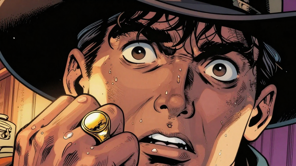 Marcus's face, all color drained, eyes wide with horror as his polished gold signet ring catches the light. Sweat beads on his forehead.