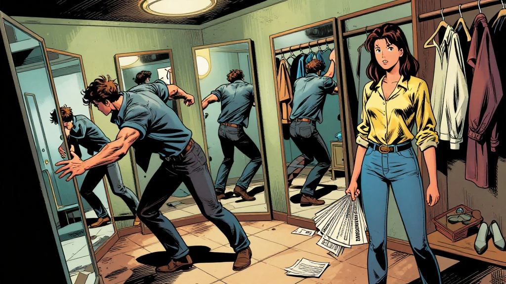 The entire dressing room tilts 25 degrees: Marcus stumbling backward, mirrors multiplying his guilt into infinity, Eleanor standing firm with evidence fanned out.