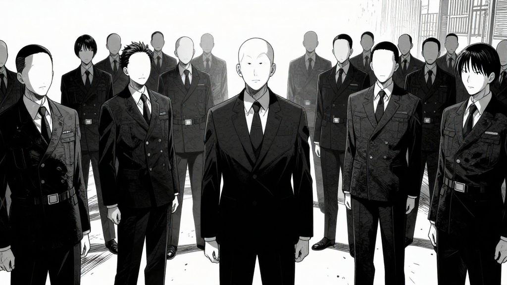 Spiritual army forms around Tanaka, their faces blank and pale.