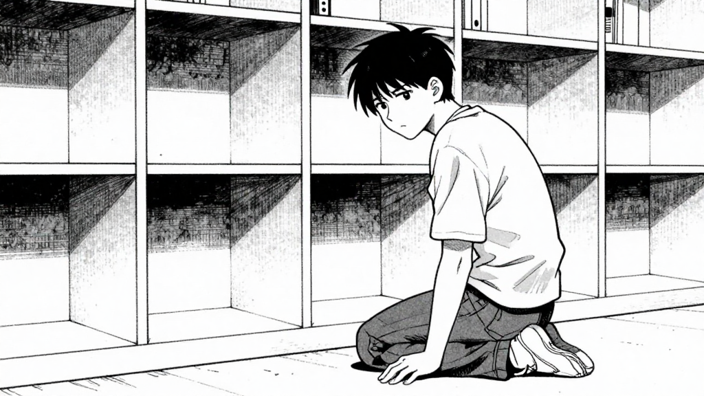 Tetsuya kneels in the empty compartment, examining the space with a furrowed brow.