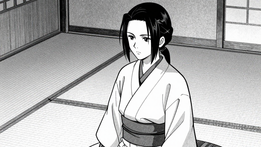 Tetsuya stands, staring at the tatami mat, recalling Chiyo’s name.