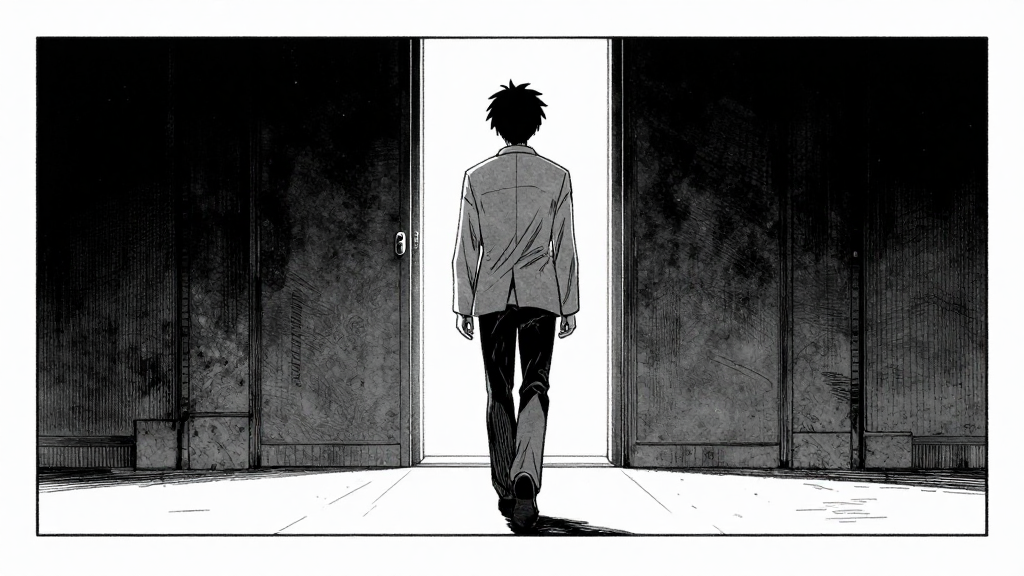 Kaelo walks out of the Sanctuary, backlit by the dim light, resolute.