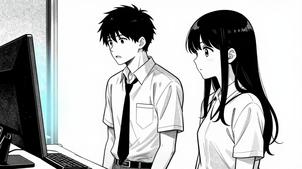 Mara stands beside Kaelo, silent, as he stares at the screen in disbelief.