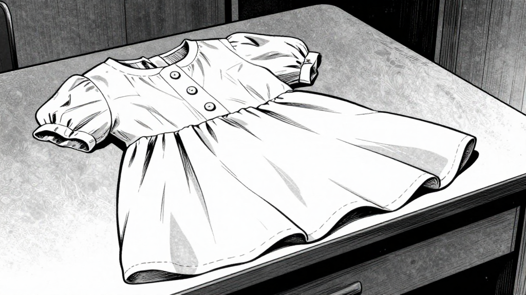 The dress on the desk, silent and symbolic, with missing buttons.