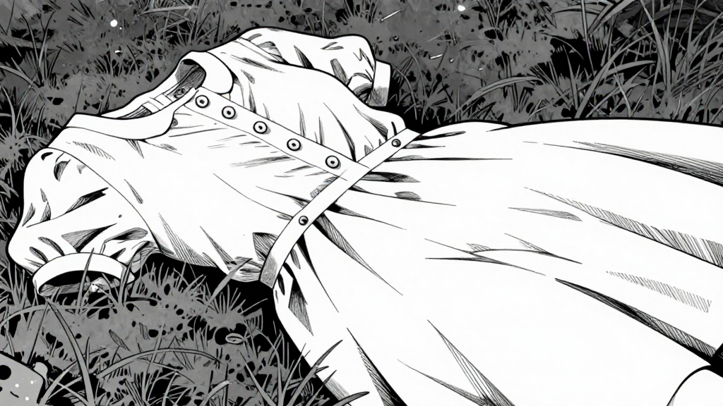 The dress, untouched except for the missing buttons, lies on the grass.