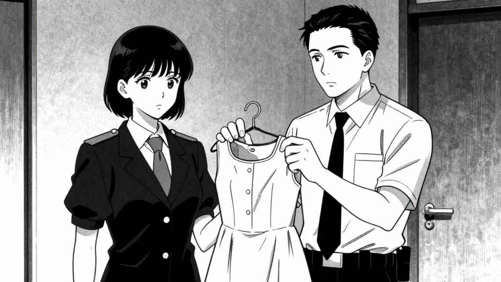 Catherine stands before Inspector Graves, holding the dress in her hands.