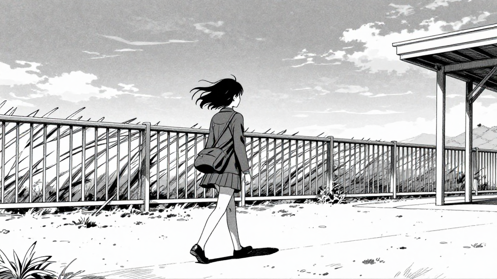 Catherine walks away from the station, wind rattling the fence.