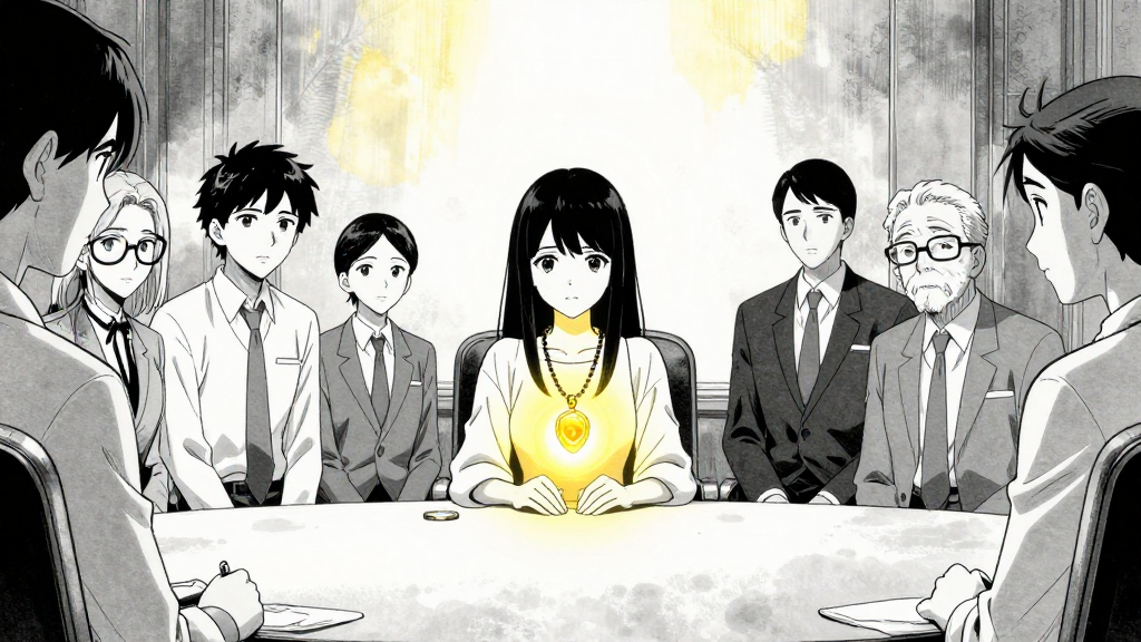 Yuki sits at the council table, surrounded by the supernatural community. Her pendant glows warm.