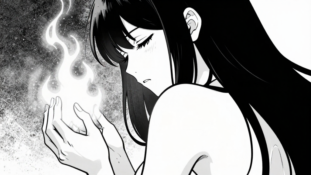Yuki closes her eyes. Fox fire flickers on her back. Her hands tremble.