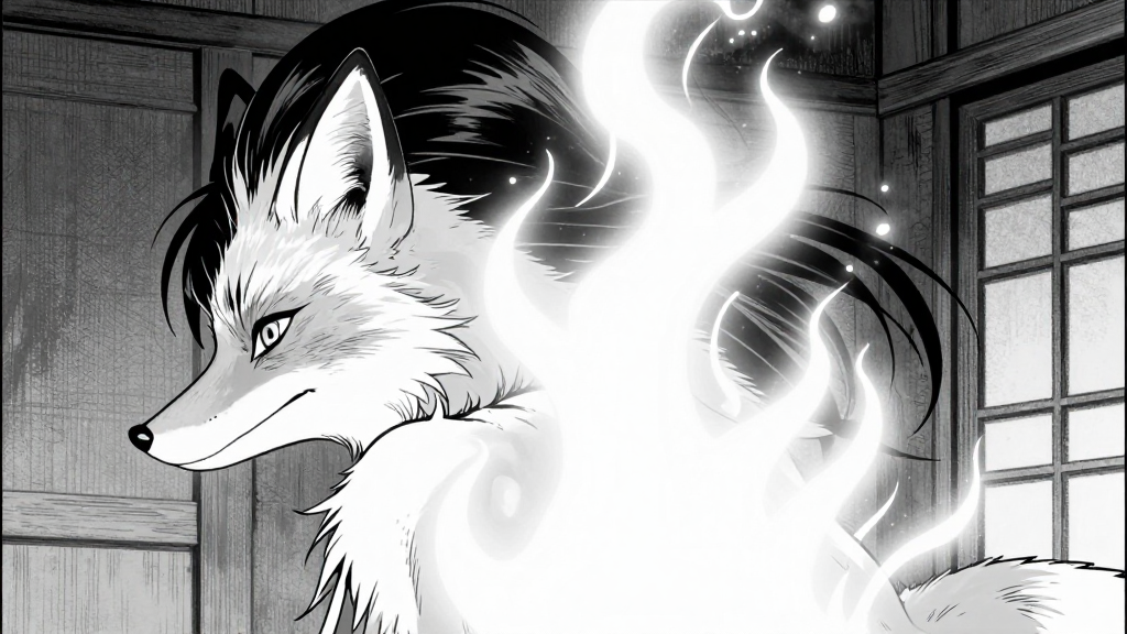 Fox fire erupts from Yuki’s back, illuminating the room in pearlescent light.