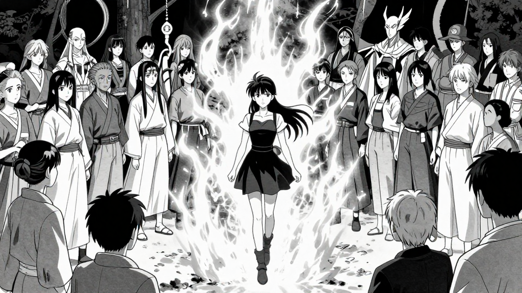 Yuki stands in the center, surrounded by the supernatural community. Fox fire glows around her.