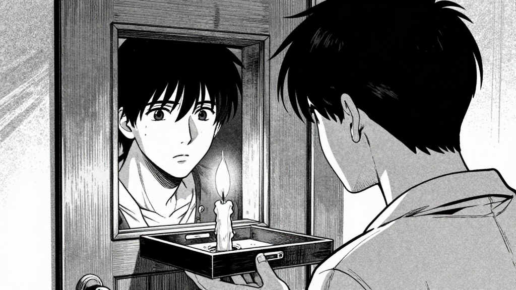 Tetsuya stares at the door, candlelight flickering on his face, hidden compartment open.