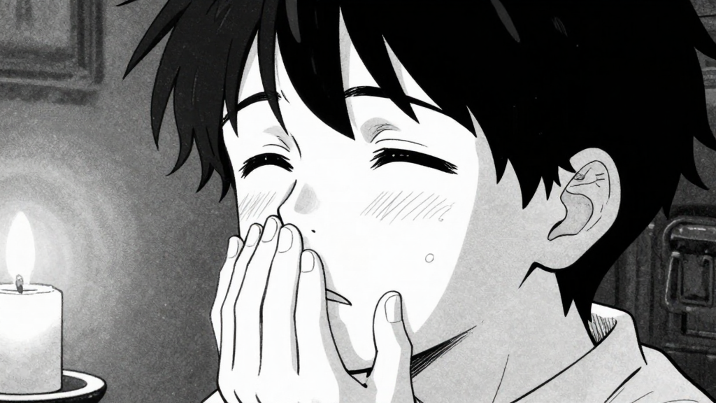 The child’s breathing changes from ragged to steady, eyes fluttering open.