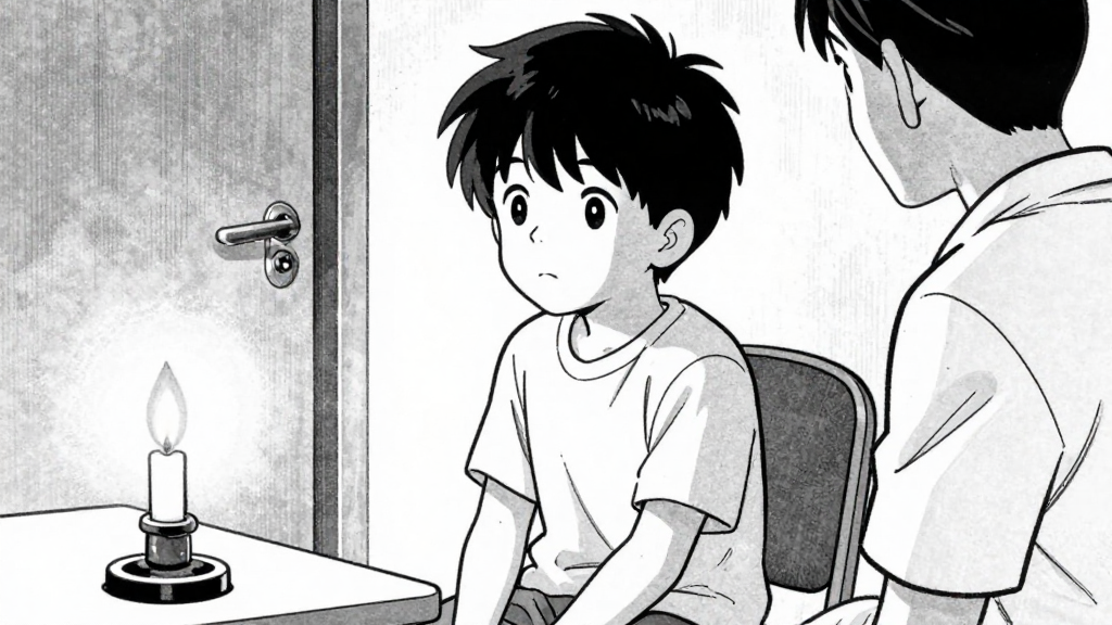 The child sits up, looking around the clinic, Tetsuya watching from the side.