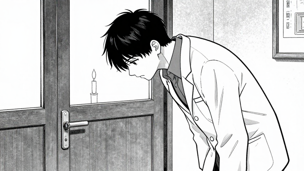 Tanaka stands at the clinic door, bowing deeply to Tetsuya.