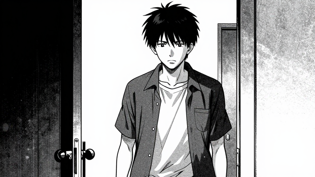 Tetsuya walks toward the door, his face tense and suspicious.