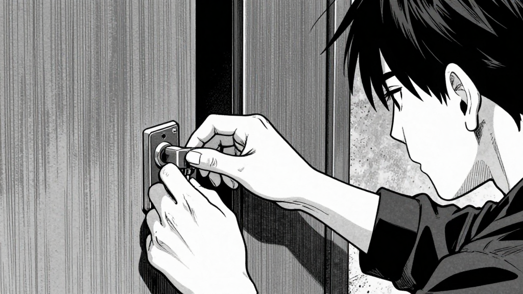 Tetsuya locks the door, walks to the hidden compartment, and opens it.