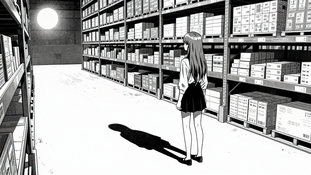 Rose stands alone in the warehouse, staring at the still, her shadow stretching across the floor.