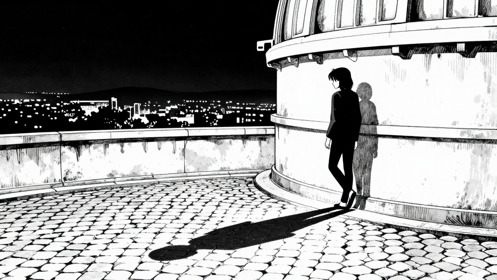 Elisabeth exits the observatory, her shadow stretching across the cobblestone path.